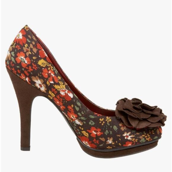 Madden Girl Salza Floral Fabric Platform Brown Suede-like Rosette Pumps Size 5.5 - Picture 8 of 13
